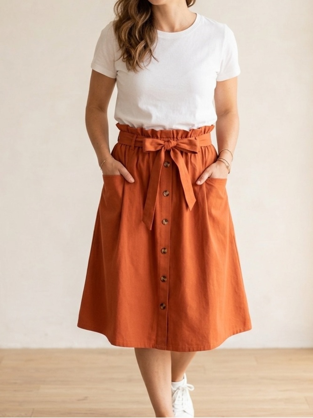Rust Terracotta Paperbag Waist Button Front Midi Skirt Cotton ModCloth Style Lrg - Picture 12 of 12
